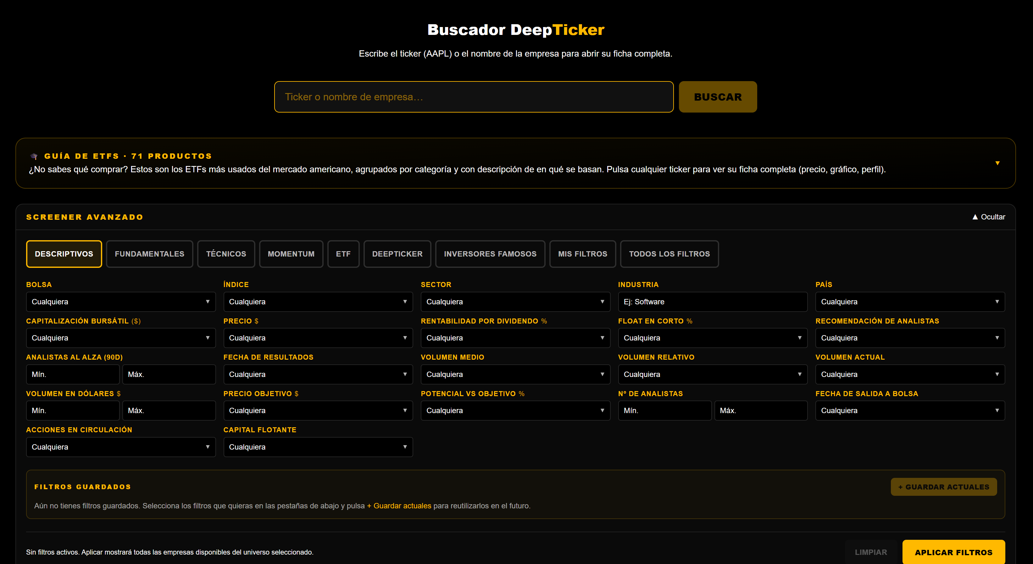 DeepTicker Stock Screener with more than 140 fundamental filters