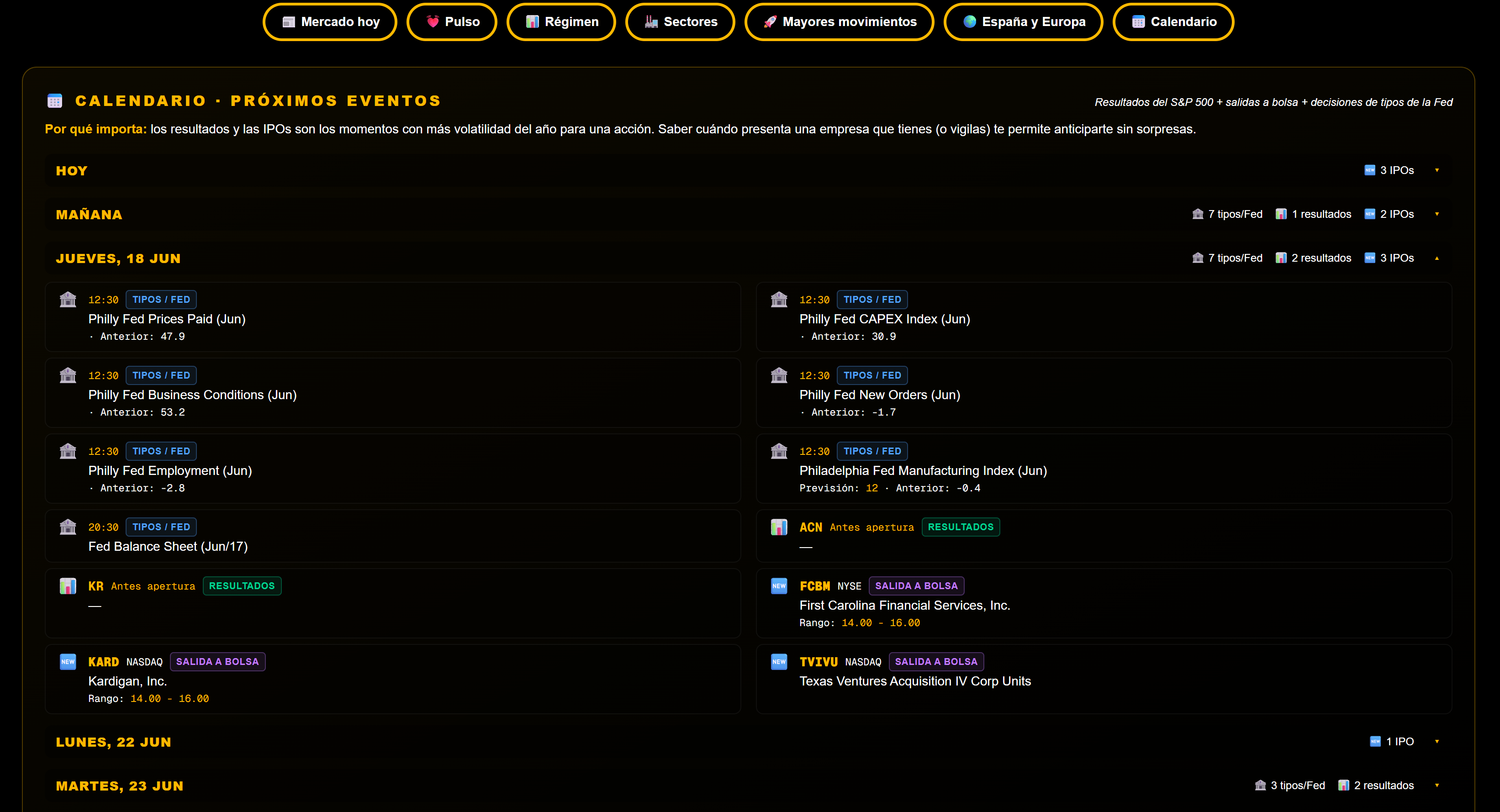 Events calendar in DeepTicker: upcoming earnings and IPOs
