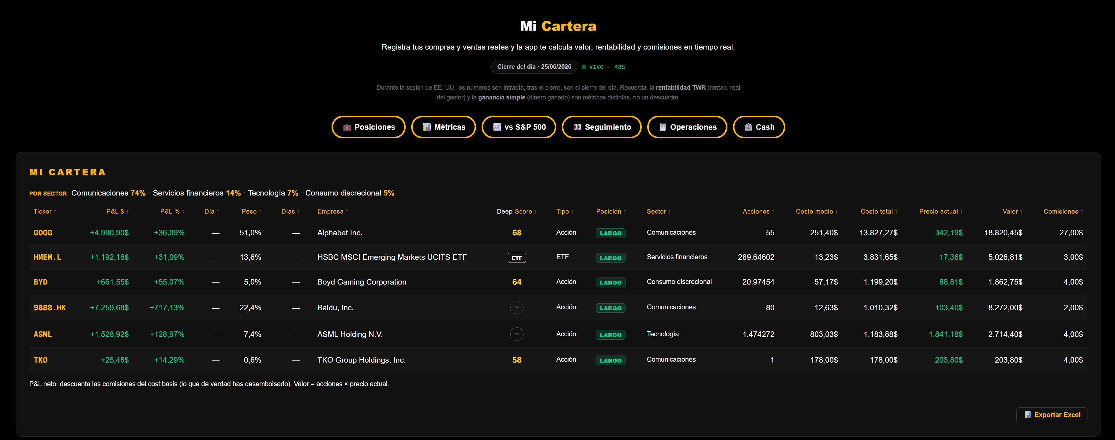 My Portfolio in DeepTicker: positions, sector breakdown and real return vs the S&P 500