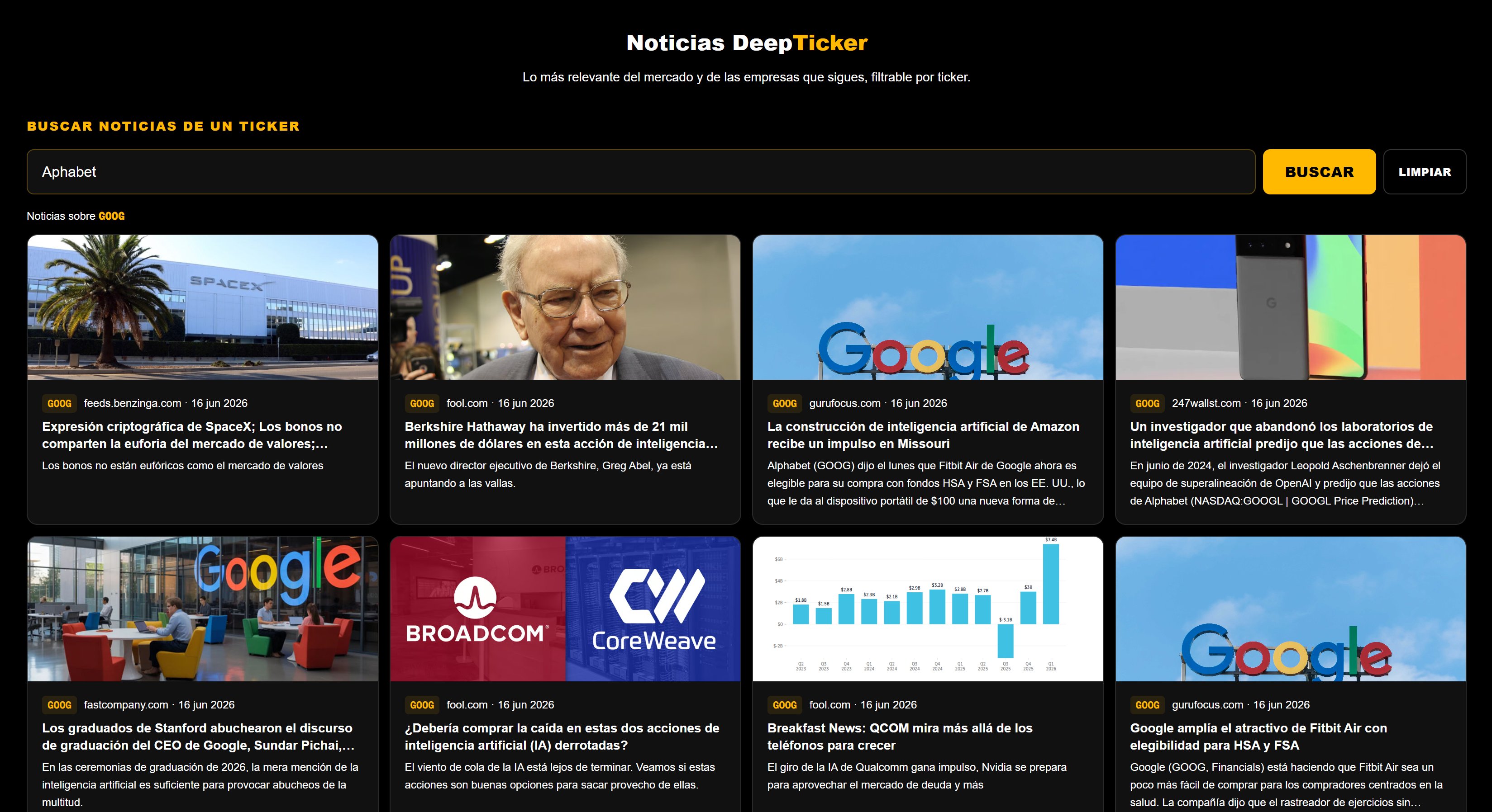 DeepTicker News filtered by your stocks